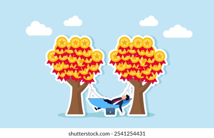 A businessman relaxes in a hammock tied to two award medal trees, illustration of enjoying business performance with numerous awards for achievements