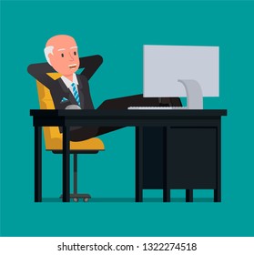 Businessman relaxes sitting at the computer. Carefree manager.  Vector illustration, flat design drawing.