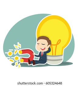 businessman relaxing beside big bulb and pulling coin by magnet