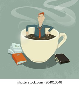 Businessman relaxing in coffee cup.