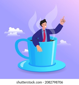 Businessman relaxing in coffee cup. Lunch time in office concept. Modern flat cartoon style. Taking Break Enjoying Coffee. Vector illustration.