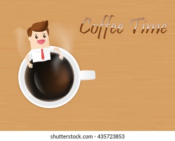  businessman relaxing in coffee cup on wooden desk