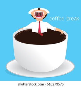 Businessman relaxing in a cup of coffee, break time, coffee lover, coffee break Vector concept