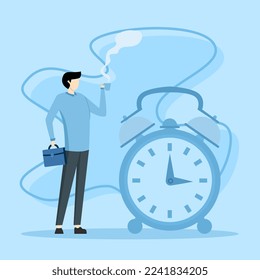 businessman relaxing with a cup of coffee or tea with alarm clock, Time off concept, free from boredom, sleepy and tired concept, coffee break time to relax and refresh from long intervals of stress.