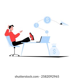 Businessman Relaxing at Desk With Paper Plane Carrying Money in Flat Vector Illustration Symbolizing Passive Income, Financial Freedom, and Smart Investment, Isolated on White Background.