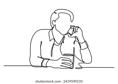 Businessman relaxing drinking coffee and talking on his cell phone. Continuous line drawing. Vector concept