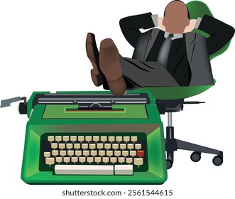 Businessman relaxing in green chair with feet up on a green typewriter, taking a break after completing his writing work