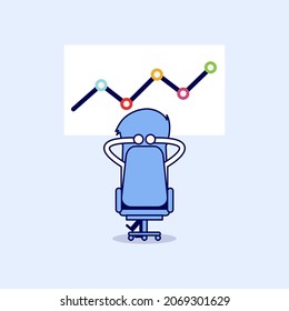 Businessman relaxing in his chair with growing graph. Cartoon character thin line style vector.