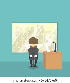 Businessman relaxing at his desk in office.Business young cartoon happiness of success concept is man character.View businessman emotions moving include icon of man.Vector Illustration