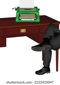 Businessman is relaxing with his feet up on his desk after finishing his writing on a vintage typewriter