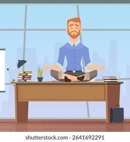 Businessman relaxing. male character manager relaxing in office sitting in yoga pose
