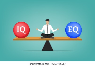 Businessman relaxing and meditate on the seesaw, balancing between IQ and EQ or Intelligence Quotient and Emotional Quotient concept