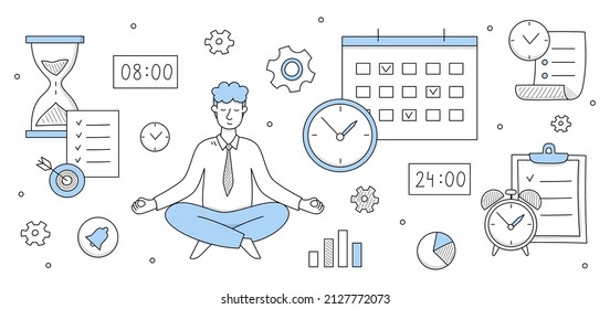 Businessman relaxing and meditating in lotus pose with office supplies and infographic doodle icons around. Worker avoid stress practicing mindfulness business yoga meditation, Vector illustration