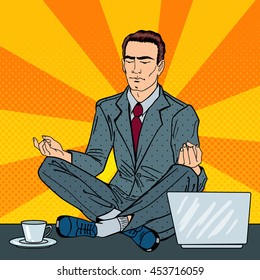 Businessman Relaxing and Meditating on the Office Table with Laptop. Pop Art. Vector illustration