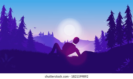 Businessman relaxing in nature - Male person lying down in grass in front of landscape. Taking a well deserved break from life, enjoying time off, and live in the now concept. Vector illustration.