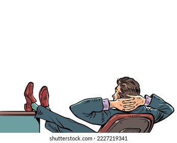 businessman relaxing in office chair, thinking about new tasks, boss at work. Pop art retro vector illustration kitsch vintage 50s 60s style