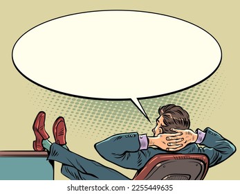 businessman relaxing in office chair, thinking about new tasks, boss at work. Pop art retro vector illustration kitsch vintage 50s 60s style
