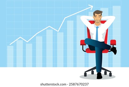 Businessman relaxing in the office, businessman sitting calmly on a chair, legs crossed and hands behind his head, business boss resting in a calm position, vector illustration 