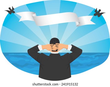 Businessman relaxing on the beach. Birds hold a banner.