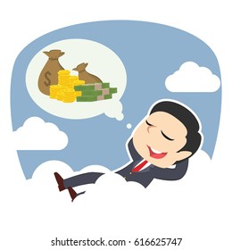 businessman relaxing on clouds thinking about money