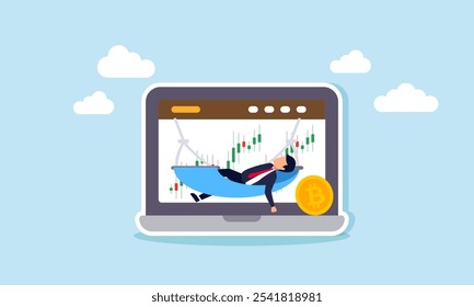 A businessman relaxing on a hammock hanging from a laptop displaying stock charts with bitcoin, illustration of enjoying strong bitcoin investment asset performance