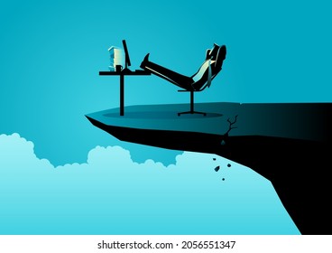 Businessman relaxing on his chair on the cracked cliff edge, comfort zone, risk, danger concept