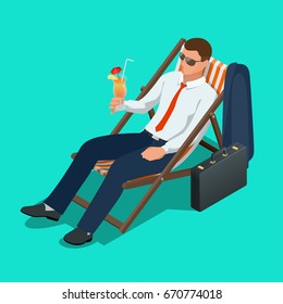 Businessman relaxing on his sun lounger on the beach. Isometric people. Business idea, innovation, development and strategy vector