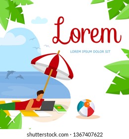 Businessman Relaxing on Summer Vacation in Tropical Resort Working Remote Under Palm Trees with Laptop in Hands, Social Media Promo Ad, Distant Job. Cartoon Flat Vector Illustration. Square Banner