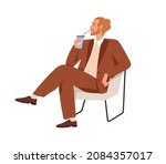Businessman relaxing, sitting in chair and drinking coffee at break. Business man resting with tea cup. Peaceful boss enjoying relaxation. Flat vector illustration isolated on white background