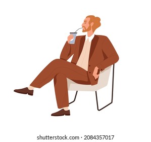 Businessman relaxing, sitting in chair and drinking coffee at break. Business man resting with tea cup. Peaceful boss enjoying relaxation. Flat vector illustration isolated on white background