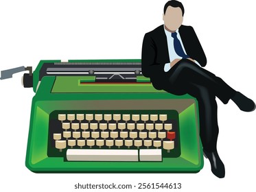 Businessman relaxing sitting on a giant green typewriter, waiting for inspiration to start working