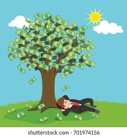 Businessman Relaxing Under Money Tree, Illustration Vector Cartoon