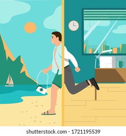 Businessman relaxing. Vector illustration. Businessman running out from office to the sea beach.