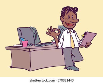 Businessman relaxing while reading in front of his desk in positive attitude
