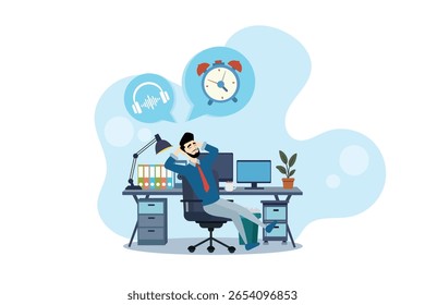 Empresário relaxando na mesa de trabalho com café e música. Conceito de equilíbrio entre trabalho e vida pessoal, tempo livre de estresse.