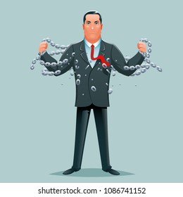 Businessman Release Breaking Chains Liberation Heroic Strength Cartoon Character Design Business Concept Vector Illustration