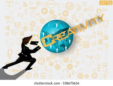 Businessman release the power of Idea and Concept Vector illustration with Creativity      Text ,Map Globes,icon,people