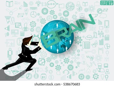 Businessman release the power of Idea and Concept Vector illustration with Brain  Text,Map Globes,icon,people