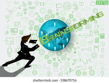 Businessman release the power of Idea and Concept Vector illustration with Brainstorm   Text,Map Globes,icon,people