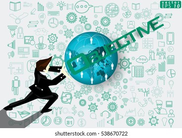 Businessman release the power of Idea and Concept Vector illustration with Objective Text ,Map Globes,icon,people.
