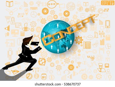 Businessman release the power of Idea and Concept Vector illustration with Concept   Text,Map Globes,icon,people