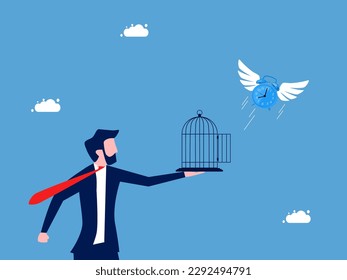 Businessman releases watch from cage. Liberation of life and freedom of time