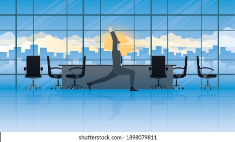 Businessman relieve stress in office conference room after serious meeting. Doing yoga posture and meditation in balance pose and body stretching. Mindfulness, healthy lifestyle, relaxing time, peace.