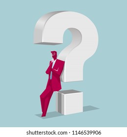 Businessman rely on question mark.The background is blue.