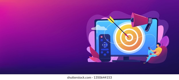 Businessman with remote control watching targeted TV ads. Addressable TV advertising, new advertising technology, targeting TV marketing concept. Header or footer banner template with copy space.