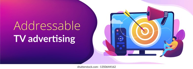 Businessman with remote control watching targeted TV ads. Addressable TV advertising, new advertising technology, targeting TV marketing concept. Header or footer banner template with copy space.