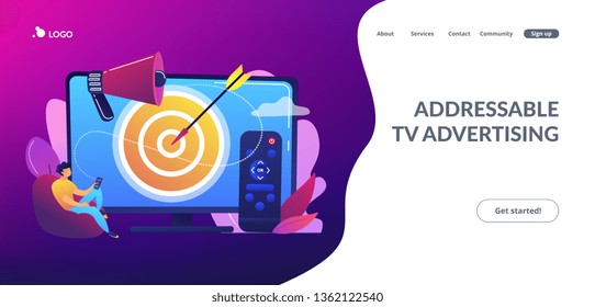 Businessman with remote control watching targeted TV ads. Addressable TV advertising, new advertising technology, targeting TV marketing concept. Website vibrant violet landing web page template.