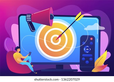 Businessman With Remote Control Watching Targeted TV Ads. Addressable TV Advertising, New Advertising Technology, Targeting TV Marketing Concept. Bright Vibrant Violet Vector Isolated Illustration