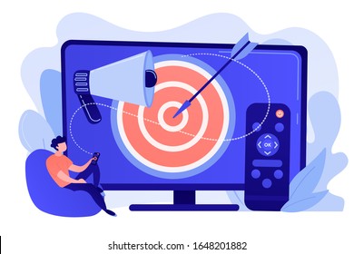 Businessman with remote control watching targeted TV ads. Addressable TV advertising, new advertising technology, targeting TV marketing concept. Pinkish coral bluevector isolated illustration