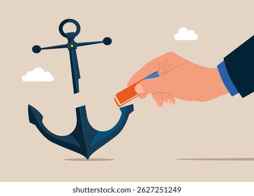 Businessman removed anchor with eraser. Crisis management and Problem solving. Modern vector illustration in flat style. 